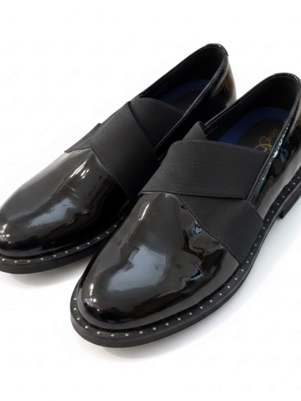 Bos & Co Black Patent Leather Criss Cross Elastic Strap Slip On Loafers 38 (7.5)